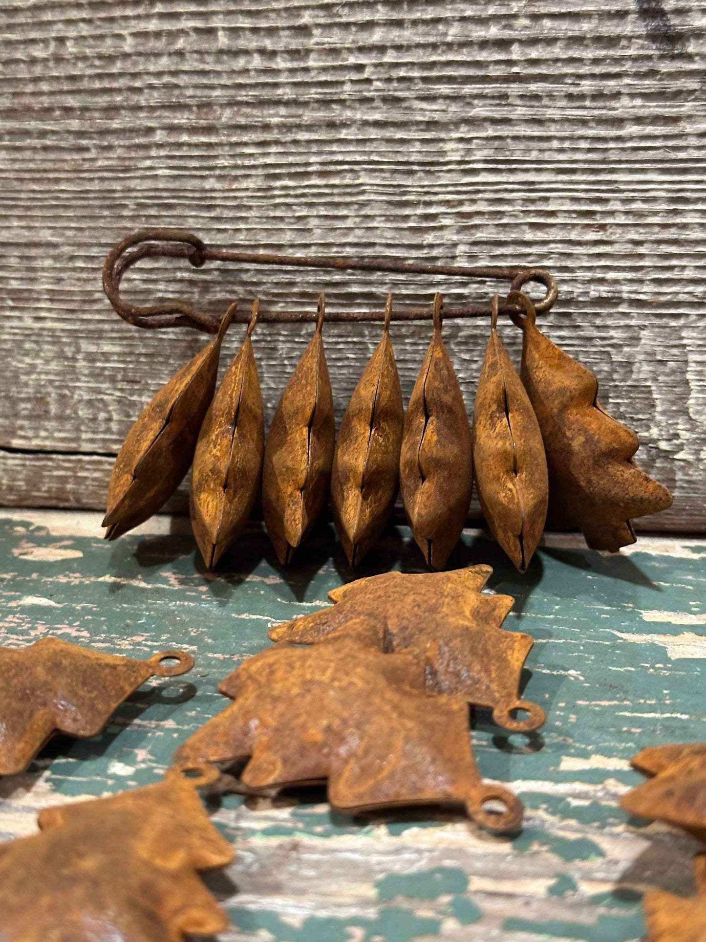 Vintage look Rusty Metal Christmas Jingle Tree Bell with on a Rusty diaper safety pin